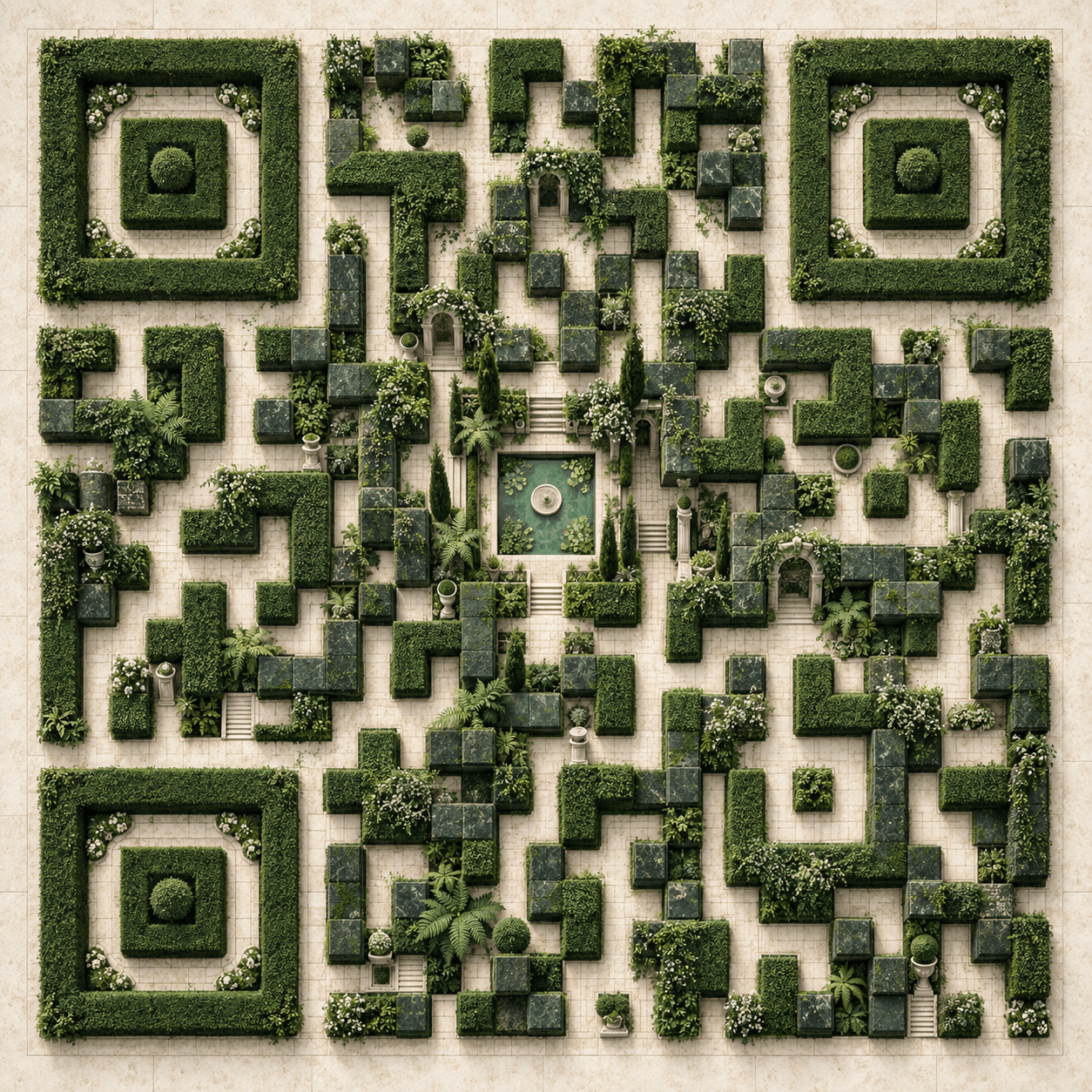 Illustrative QR-inspired botanical garden made of emerald hedges and ivory stone paths